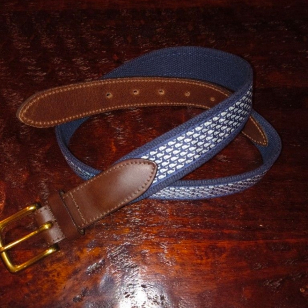 Vineyard Vines Whale Club Belt Navy and Brown with Gold Buckle Sz 32